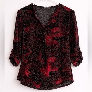 Roz & Ali Red and Black Velvet Burnout Top *Damaged